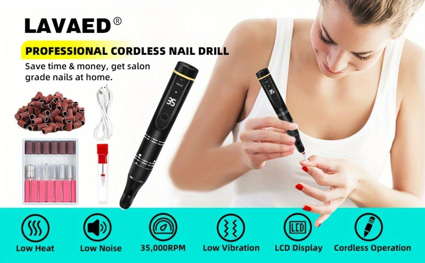 Nail Drill Machine 35000 RPM LCD Display Rechargeable Portable Electric Nail File with Forward Reverse Rotation Low Noise – Professional Nail Grinder for Gel Acrylic Natural Nails Manicure Pedicure Home Salon