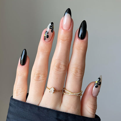 Press On Nails 144-Piece Short Almond Set with Pink Flowers, Rhinestones, Black French Tips and Glue