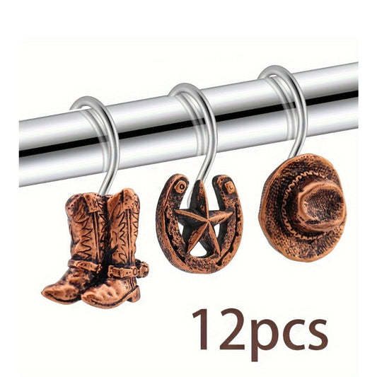 Shower Curtain Hooks Western Cowboy Farmhouse Style - 12 Pack Vintage Metal Resin Bathroom Accessories with Horse Boots Hats Star Patterns