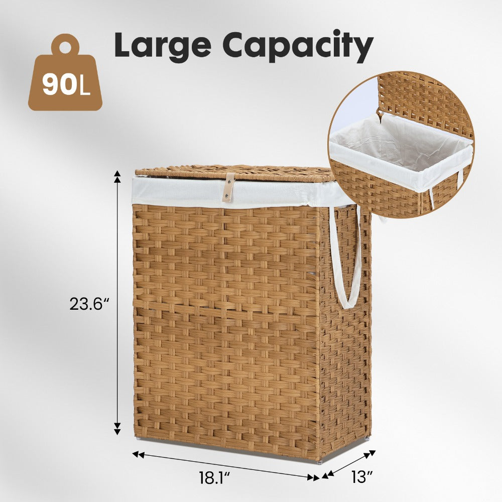 Woven Laundry Hamper with Hinged Lid, Removable Fabric Liner and Side Handles in Two Sizes and Brown or Gray