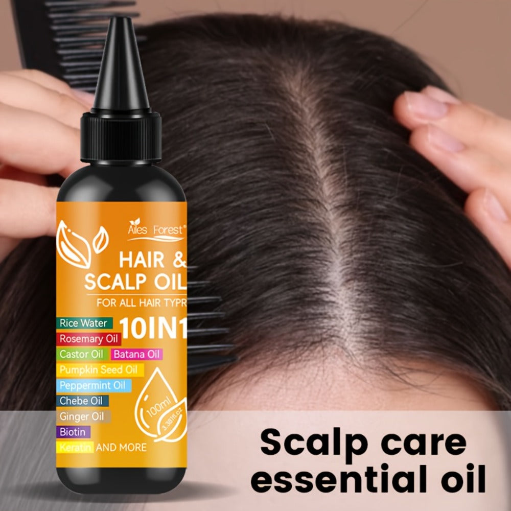 Hair Oil 10-in-1 100ml Pointed-Applicator Bottle with Ginger, Rosemary, Castor, Batana, Rice Water and Biotin