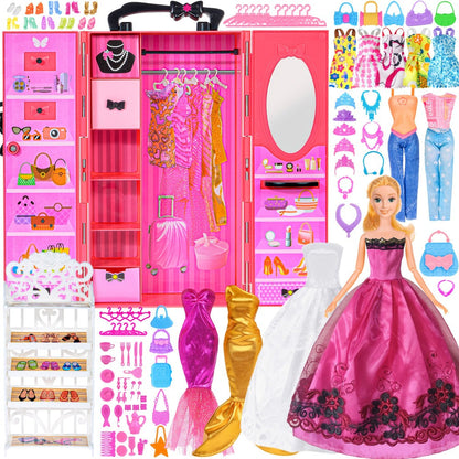 139-Piece Rose Doll Wardrobe and Accessory Case for 11.5-Inch Dolls with Dresses, Shoes and Stickers
