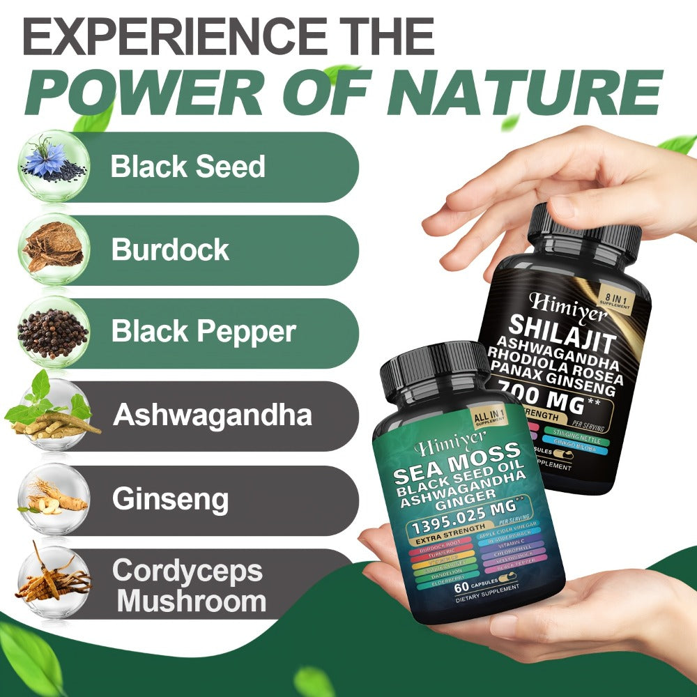 Sea Moss & Shilajit Capsules 12-in-1 Supplement - Bladderwrack Burdock Ashwagandha Black Seed Vitamin C D3 Rhodiola Ginseng Complete Wellness Formula for Energy Immunity Vitality