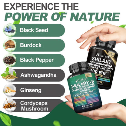 Sea Moss & Shilajit Capsules 12-in-1 Supplement - Bladderwrack Burdock Ashwagandha Black Seed Vitamin C D3 Rhodiola Ginseng Complete Wellness Formula for Energy Immunity Vitality
