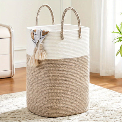 Woven Cotton Rope Laundry Basket with Twin Handles, 40L to 100L Sizes and Five Two-Tone Color Options
