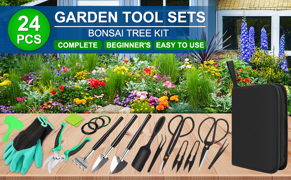 Bonsai Tool Set 24-Piece Kit for Beginners & Enthusiasts, Includes Pruning Shears, Scissors, Trimming Tools & PU Leather Bag – Complete Bonsai Care Kit Gift for Men & Women