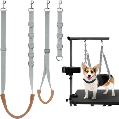 Dog Grooming Restraint Strap Set with Three Adjustable Grey Loops and Rotating Clips for Supported Use