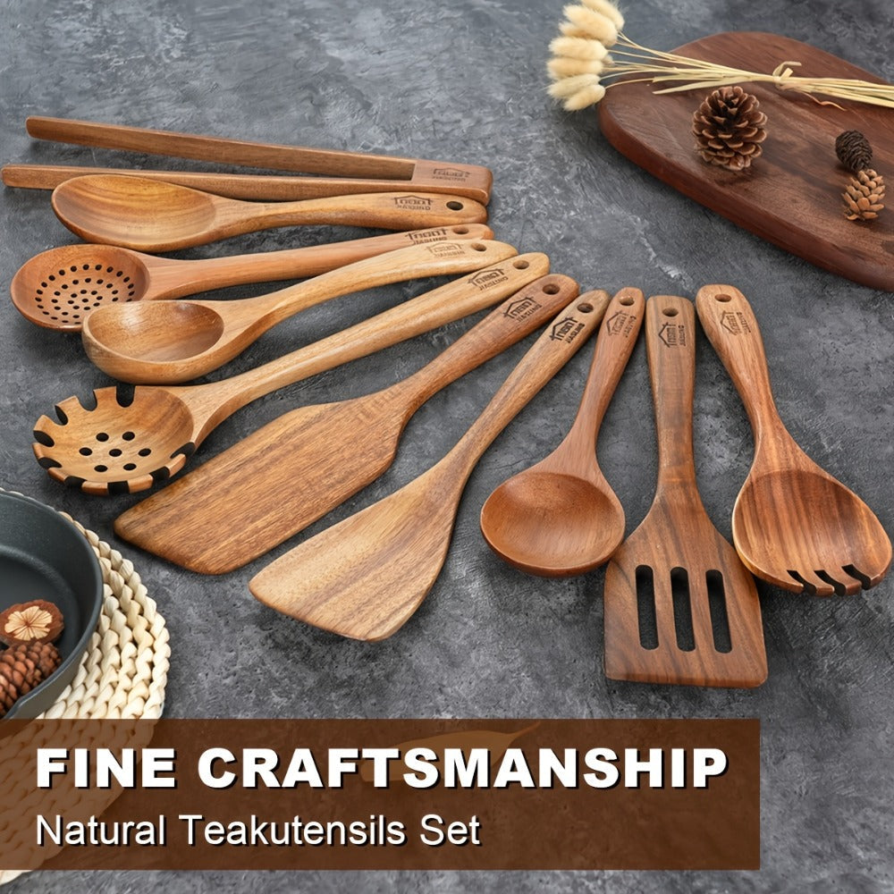 Wooden Spoons for Cooking 10 Pcs – Teak Wood Kitchen Utensils Set, Non-Stick Safe Spatulas & Spoon Cooking Tools