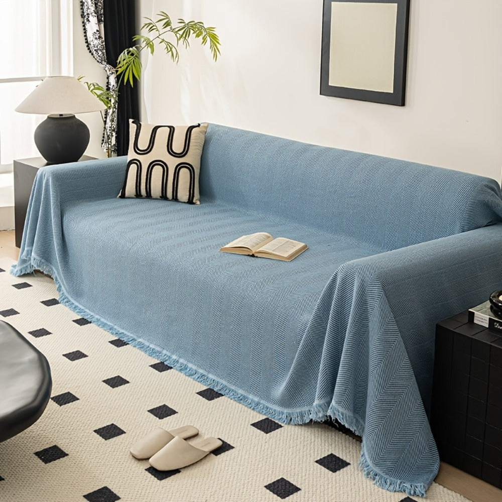 Sofa Cover 71-Inch Herringbone Jacquard Woven Throw with Tassel Fringe in Grey, Coffee, Green or Blue