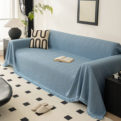 Sofa Cover 71-Inch Herringbone Jacquard Woven Throw with Tassel Fringe in Grey, Coffee, Green or Blue