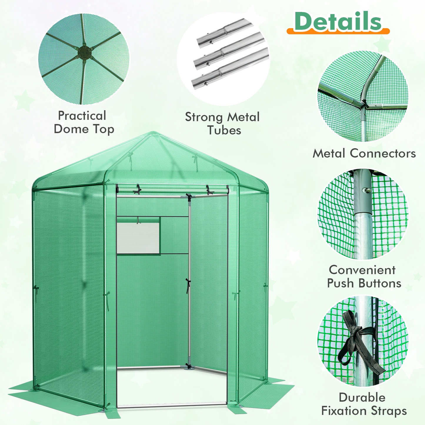 85 x 72 x 90-Inch Walk-In Greenhouse with Green Grid Cover, Roll-Up Door, Mesh Window and Six Ground Stakes