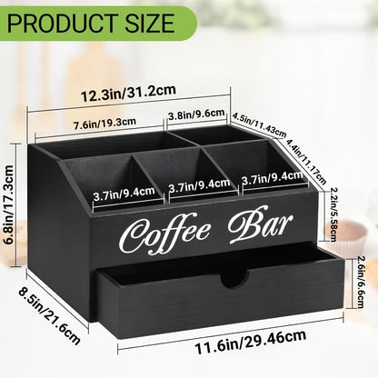 Coffee Bar Station Kitchen Organizer Wood Countertop Rack with Five Compartments and One Drawer