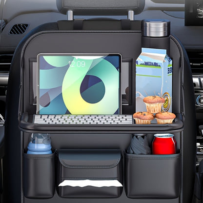 Car Seat Back Organizer PU Leather - Foldable Dining Table, Cup Holder, Multi-Pocket Storage Bag, Universal Fit Back Seat Travel Organizer for Kids & Passengers, 1pc or 2pc Set
