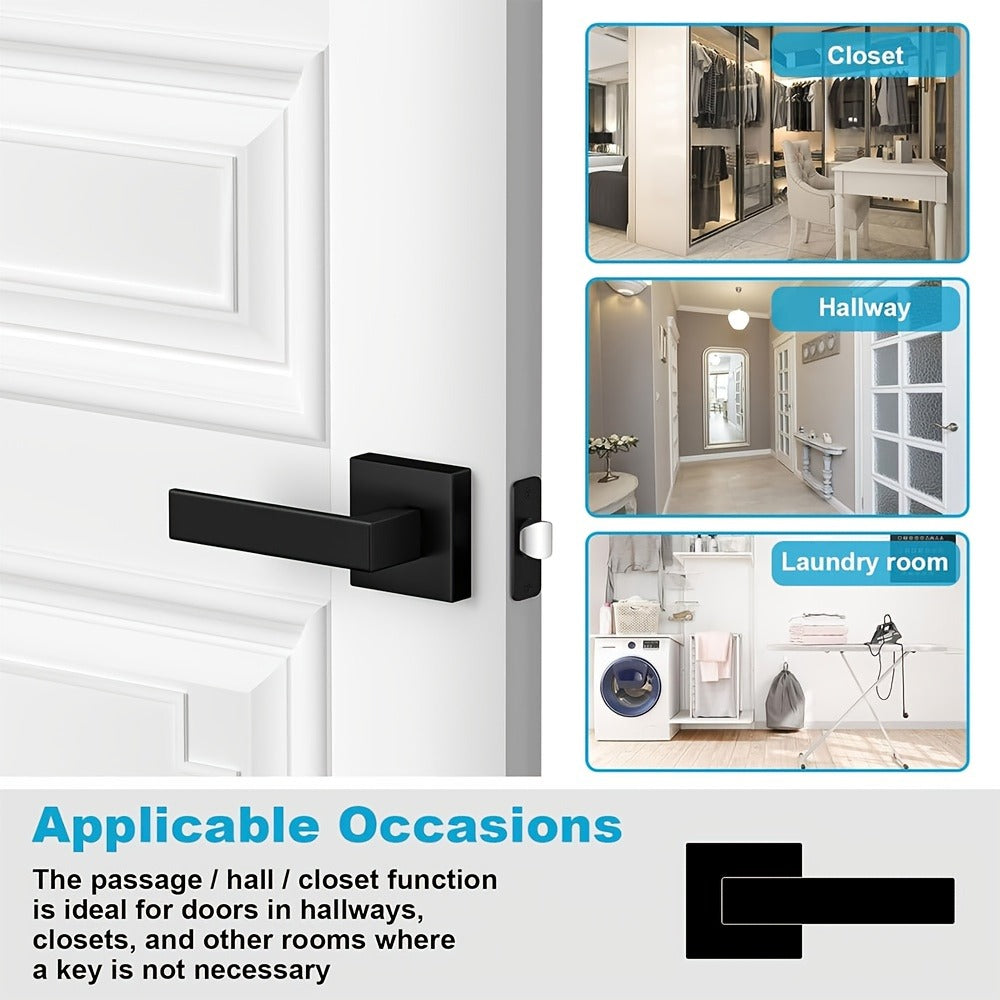 Matte Black Square Door Handle Set – Interior Passage Door Knob for Hall & Closet, Heavy-Duty Left & Right Hand Compatible, Modern Hardware