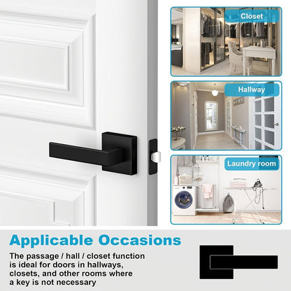 Matte Black Square Door Handle Set – Interior Passage Door Knob for Hall & Closet, Heavy-Duty Left & Right Hand Compatible, Modern Hardware