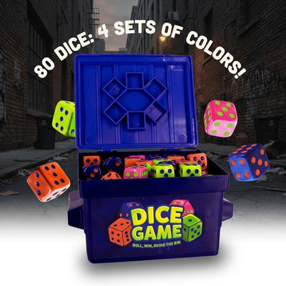 Eighty-Dice Party Board Game with Storage Bin, Four Color Sets, Lid Board and Adult Group Rules