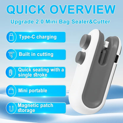 Mini Bag Sealer 2-Pack USB-C Rechargeable 2-in-1 Heat Seal with Cutter – Magnetic Storage Bag Resealer for Plastic Snack Food Bags | Airtight Freshness Keeper Portable Kitchen Gadget White