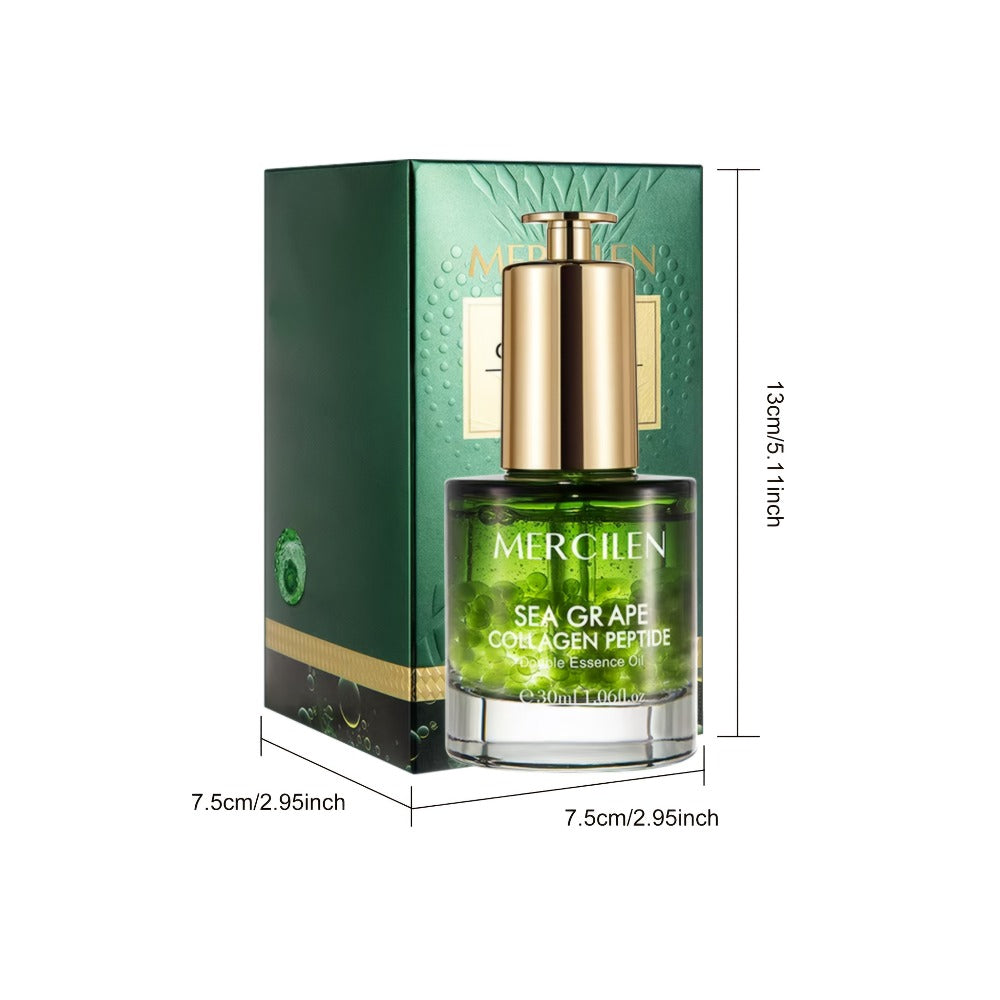 Face Serum Mercilen Sea Grape, Collagen Peptide and Squalane Essence Oil in a Green Pump Bottle