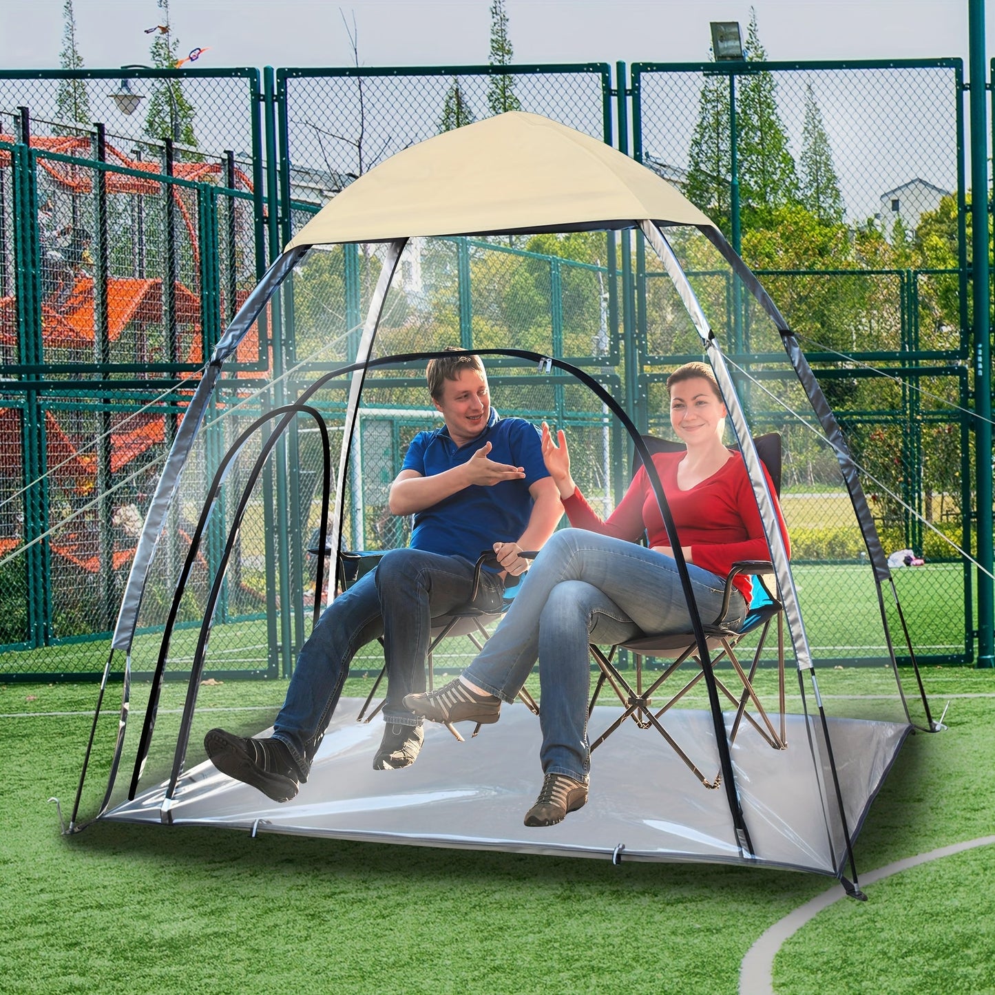 Camping Tent Transparent Oxford Rain Shelter with Ventilation Panels, Zipper Entry and Two Colors