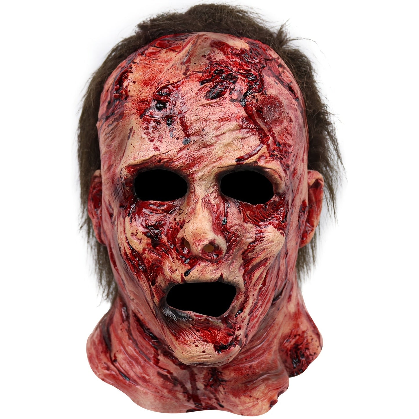 Bloody Decayed Face Full-Head Halloween Mask with Dark Hair, Open Eyes and Mouth for Adult Horror Costumes