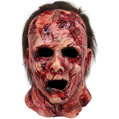 Bloody Decayed Face Full-Head Halloween Mask with Dark Hair, Open Eyes and Mouth for Adult Horror Costumes
