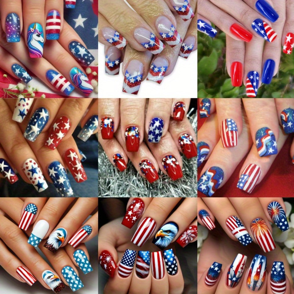Press On Nails 216-Piece Medium Coffin Nine-Pack Red White Blue Stars and Stripes Patriotic Set