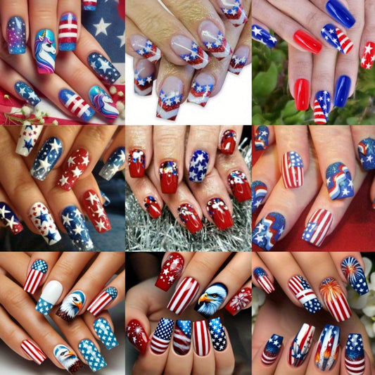 4th of July Press On Nails Coffin Medium 216 Pieces 9 Packs Red White Blue Stars Stripes Patriotic Fake Nails for Women – Glossy Full Cover Independence Day Festive Nail Art Kit