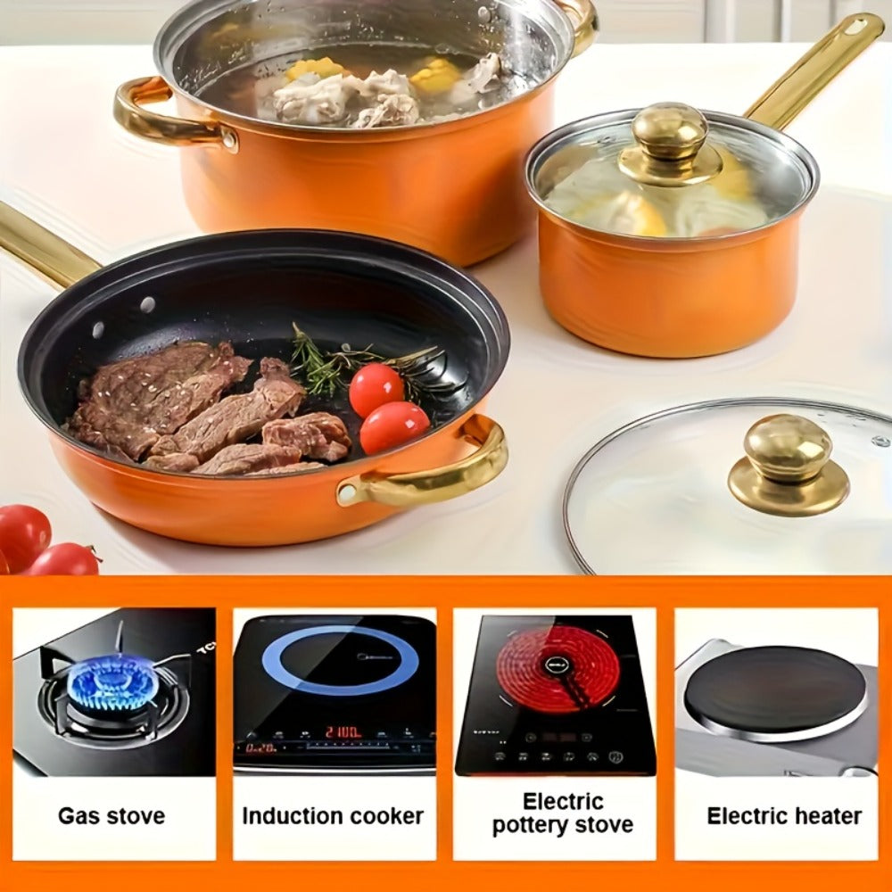 Non-Stick Cookware Set Pots and Pans 10 & 12 Piece – Heat-Resistant Frying Pan, Saucepan & Stewpot | Honeycomb Coating Stainless Steel Kitchen Cooking Set for All Stoves | Stylish Durable Multifunctional