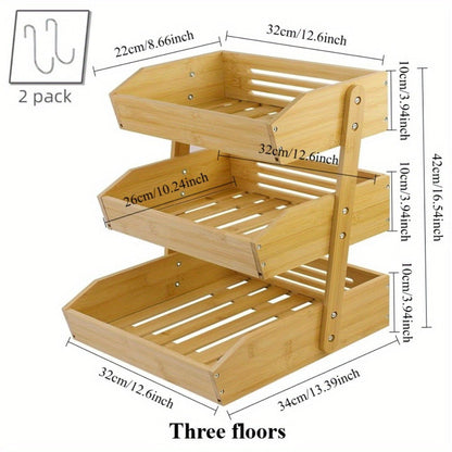 Fruit Rack Kitchen Organizer 2 or 3 Tier Natural Bamboo Freestanding Basket Shelf with Two Hooks