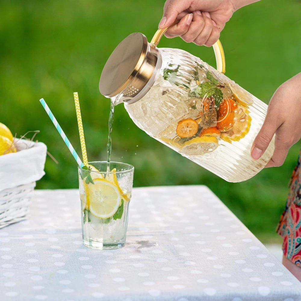 Embossed 68-Ounce Glass Pitcher with Golden-Tone Handle and Lid in One- or Two-Piece Packs