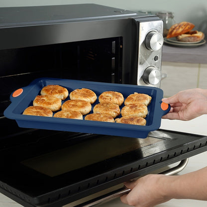 Silicone Baking Pans Set 4-Piece – Nonstick Bakeware with Metal Reinforced Frame, Includes Baking Sheet, Cookie Sheet & Cake Pan with Grips, Oven Safe, Easy Release – Navy Blue & Light Gray