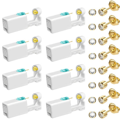 Disposable Ear Piercing Gun Set 8pcs - Stainless Steel Ear Stud Piercing Tool Kit, Safe Portable Self-Piercing Device with Hypoallergenic Earrings for Home Use, Silver & Gold