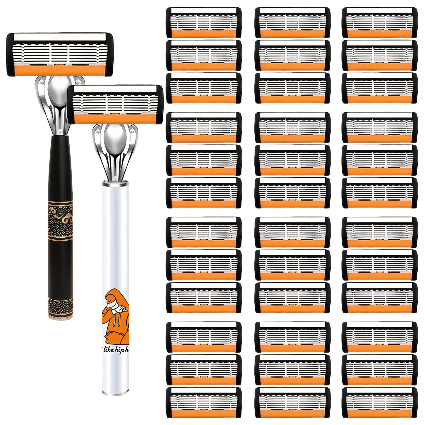6-Layer Blade Men's Razor Set with Lubricating Strip 2 Handles & 36 or 72 Replacement Blades – Smooth Close Shave Contour-Fitting Ergonomic Manual Shaver for Men Daily Grooming