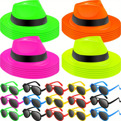 Neon Hat and Sunglasses Party Supplies Set with 24 Hats and 24 Glasses in Four Bright Colors