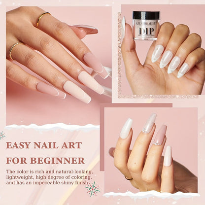 Dip Powder Nail Kit with YANYILIKE Label, Four Nude Shimmer Powders, Three 10ml Liquids and Four Tools