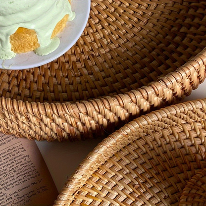 Serving Tray Basket - Hand-Woven Round Rattan Organizer for Fruits Bread Snacks, for Home Cooking, Dining and Outdoor Meals