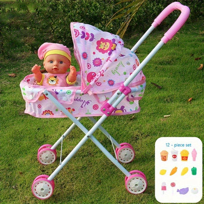 11-Inch Baby Doll and Folding Stroller Playset with 12 Food Accessories in Pink or Purple Color Options