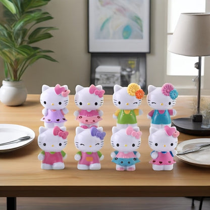 KT Cat Mini Figurine Set 8pcs | Cute Anime Desktop Ornaments Collectible Dolls | Car Dashboard Home Office Decor Gift for Birthday Valentine's Day Halloween Christmas