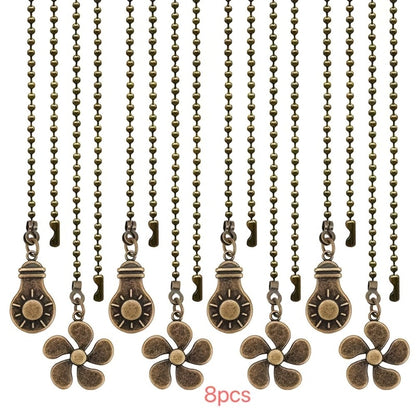 Eight-Piece Ceiling Fan Pull Chain Extension Set with Leaf and Bulb Pendants in Five Finish Options