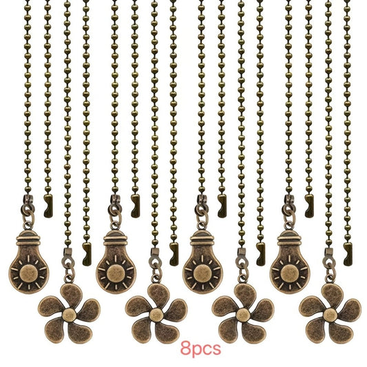 Ceiling Fan Pull Chain Extension Set of 8 - Decorative Bead Chain Pull Cord with Five-Leaf & Bulb Pendants, Iron Chain & Zinc Alloy, Bronze, Black, White, Red, Multi-Color, No Batteries Required