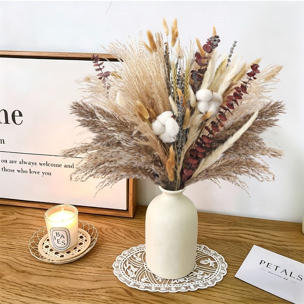 Natural 80-Piece Dried Flower Bouquet with Pampas Grass, Bunny Tails, Eucalyptus, Lavender and Wheat