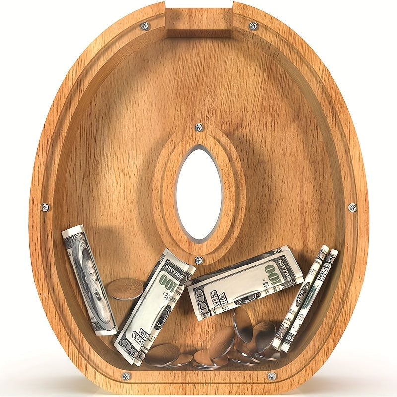 Wooden Alphabet Letter Coin Bank with Clear Front Panel and 23 Fixed Initial Options for Display
