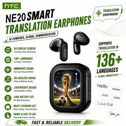AI Translation Earphones Real-Time 134 Languages TWS Wireless Bluetooth Earbuds HTC NE20 HD Screen Touch Control High Fidelity Sound Long Battery Life for Travel Business Daily Wear