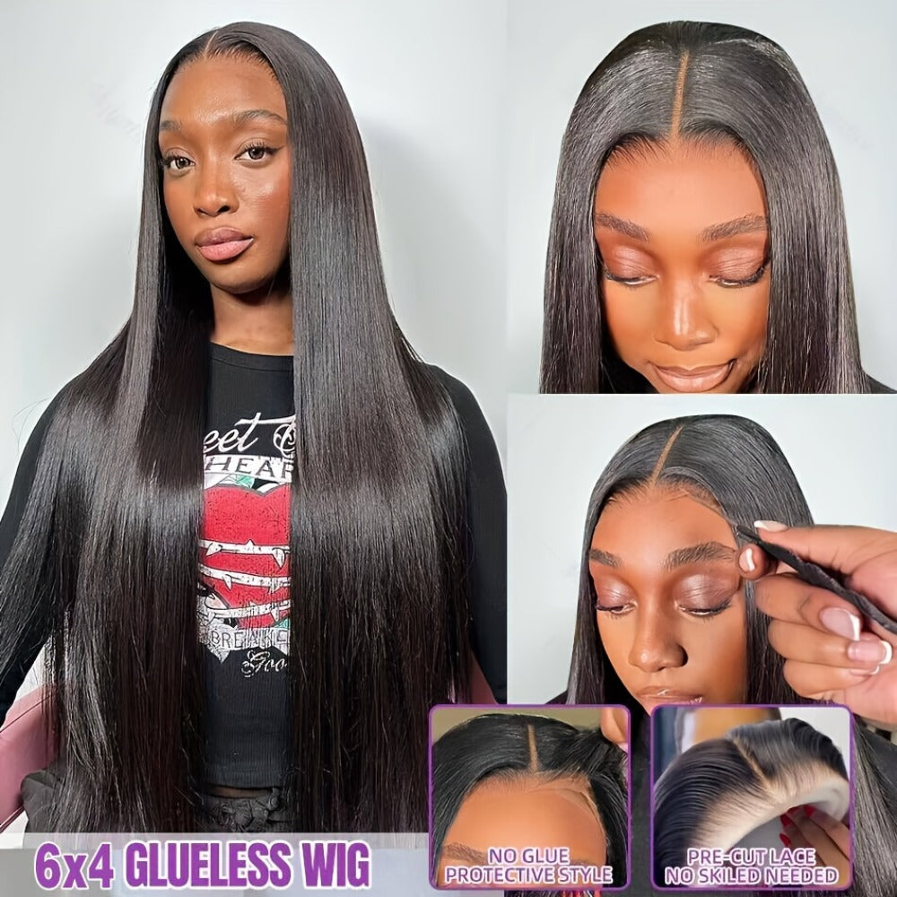 Put On and Go Glueless Human Hair Wig Bone Straight – Pre Cut 6x4.5 Transparent Lace 200% Density Pre Plucked, Ready to Wear in 3 Seconds, Natural Black & Natural Color, 10–34 Inch
