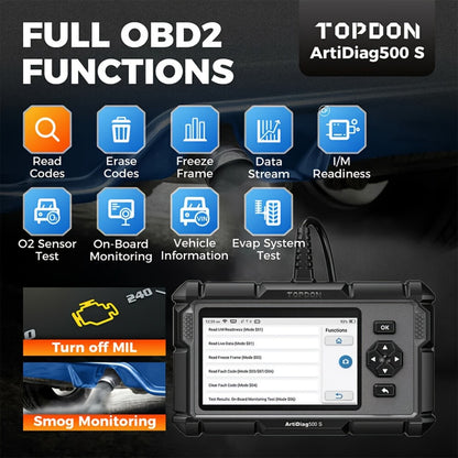 OBD2 Scanner with ABS SRS Engine Transmission Diagnostics 5 Reset Services Oil BMS DPF Throttle - TOPDON AD500S WiFi 5-Inch Touchscreen 90+ Car Brands