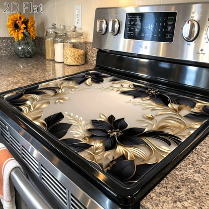 Black and Gold Floral Stove Protector Mat, 28.35 x 20.47 Inches with Beige Decorative Background