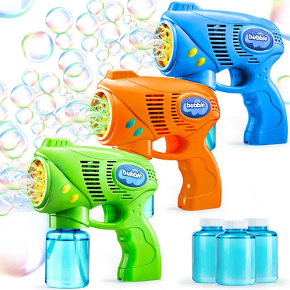 3-Pack Bubble Gun Blower with 3 Pre-Loaded Solution Refills – Hand-Powered, Color-Changing Bubbles, Ergonomic Grip, ASTM Safe, Kids Birthday Party Favor, Easter Egg Hunt, Summer Outdoor Indoor Play
