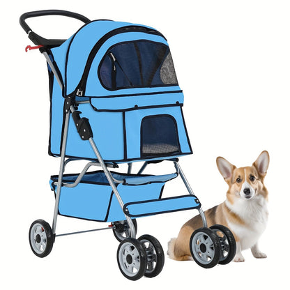 Four-Wheel Pet Stroller with Box Cabin, Wraparound Handle, Cup Tray, Lower Basket and Five Colors