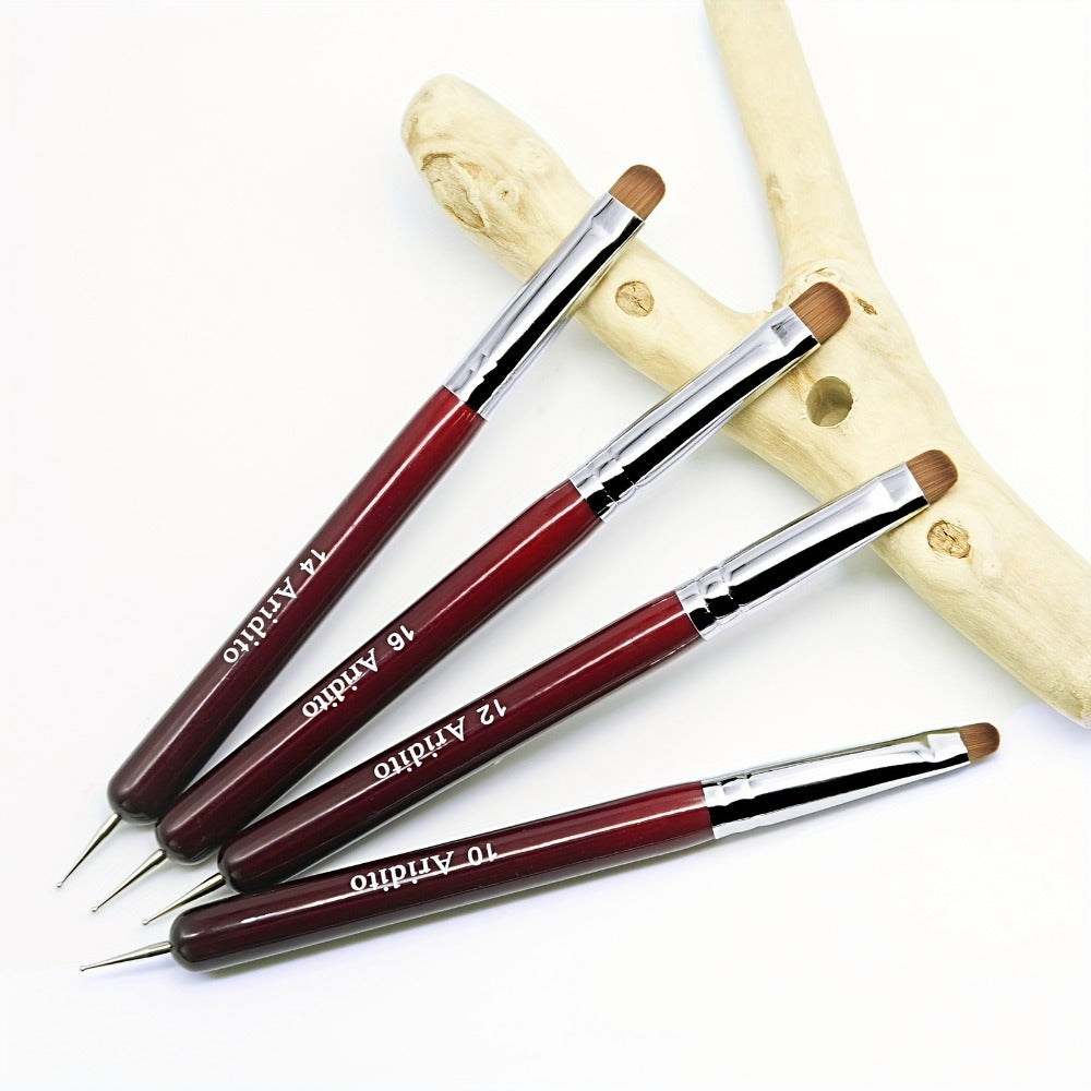 Acrylic Nail Art Brushes Set 4pcs with Dotting Pens - Red Wood Handle Precision Tips #10 #12 #14 #16 for French Manicure Nail Sculpting Cuticle Care Home Salon Women