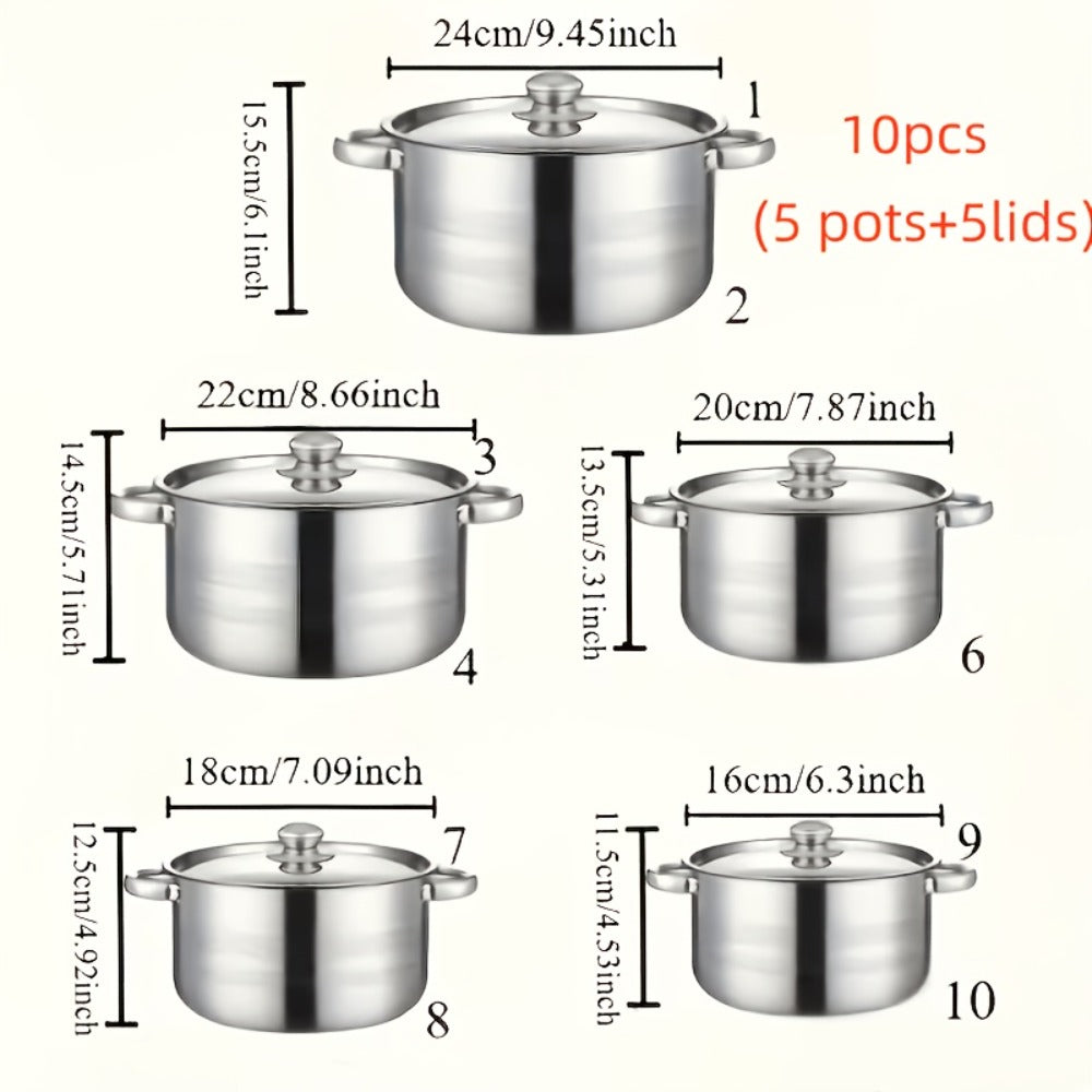 Stainless Steel Cookware Set 10 12 15 Piece Pots with Lids Double Handles Cooking Pot Set for Soup Hot Pot Noodles Pasta Home and Restaurant Kitchen Multiple Colors and Sizes Available